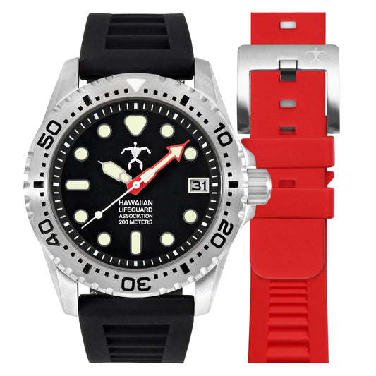 Hawaiian Lifeguard Association Silver Black + Red Strap